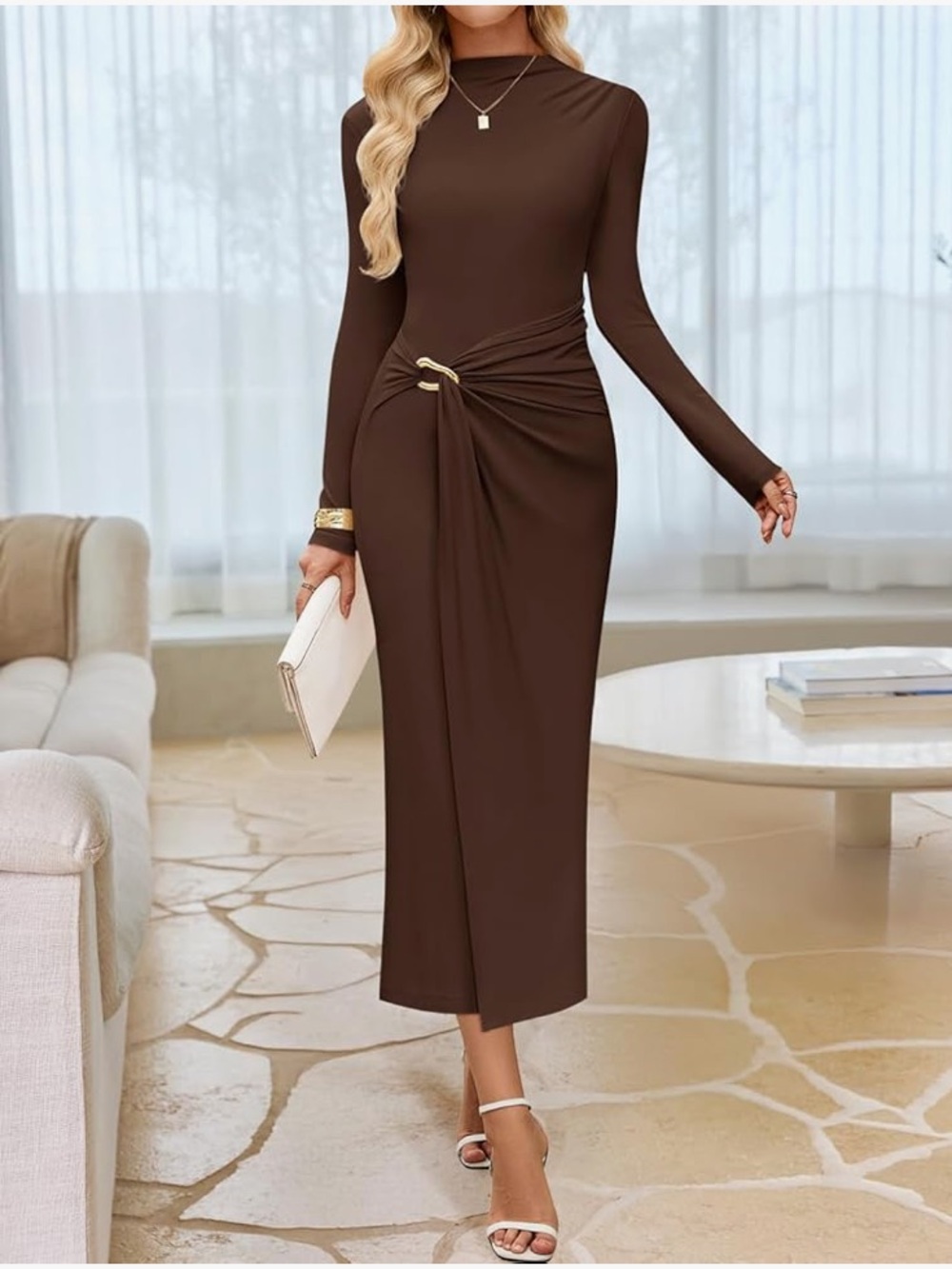 NWT ZESICA brown, long sleeve mock neck, detailed mid dress size M. - Picture 2 of 12